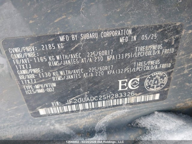 12548402 :رقم المزاد ، JF2GUADC2SH283326 vin ، 2025 Subaru Crosstrek Premium مزاد بيع