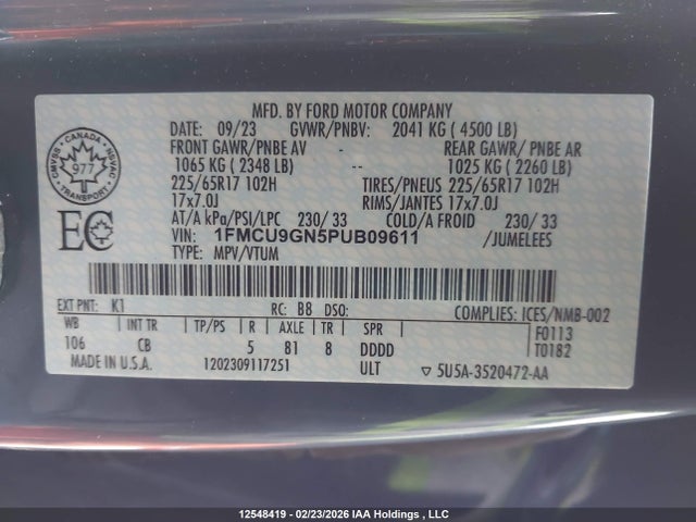 Продаж на аукціоні авто 2023 Ford Escape Active, vin: 1FMCU9GN5PUB09611, номер лоту: 12548419