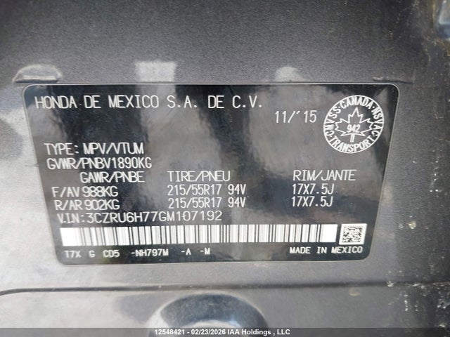 3CZRU6H77GM107192 Honda Hr-v Exl