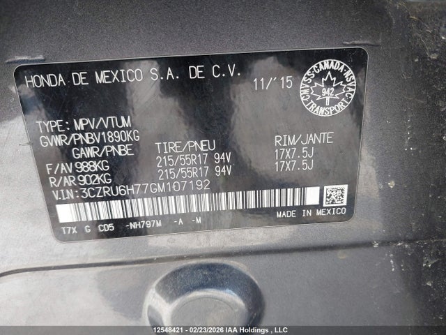 3CZRU6H77GM107192 Honda Hr-v Exl