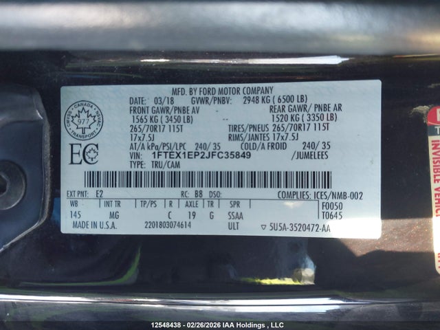 2018 Ford F150 Super Cab მანქანა იყიდება აუქციონზე, vin: 1FTEX1EP2JFC35849, აუქციონის ნომერი: 12548438