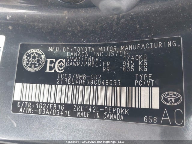 2009 Toyota Corolla Ce მანქანა იყიდება აუქციონზე, vin: 2T1BU40E39C048093, აუქციონის ნომერი: 12548451