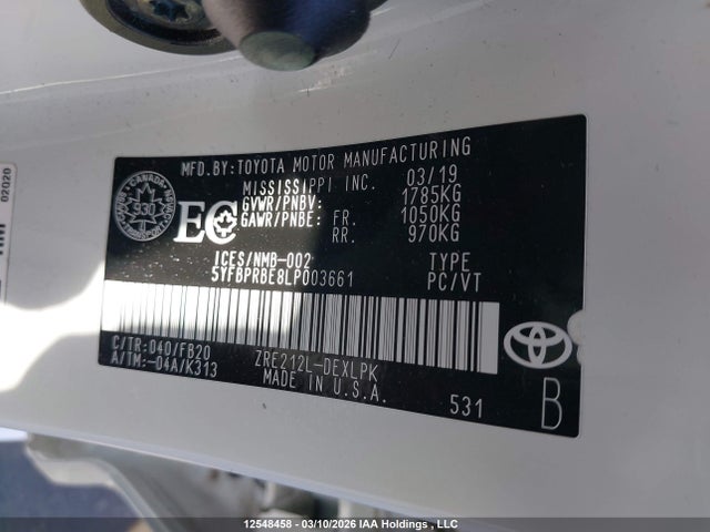 Продажа на аукционе авто 2020 Toyota Corolla Le, vin: 5YFBPRBE8LP003661, номер лота: 12548458