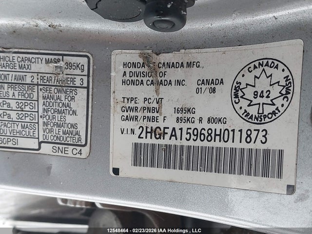 12548464 :رقم المزاد ، 2HGFA15968H011873 vin ، 2008 Honda Civic Exl مزاد بيع