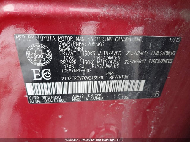 2T3ZFREV7GW246970 Toyota RAV4 LE
