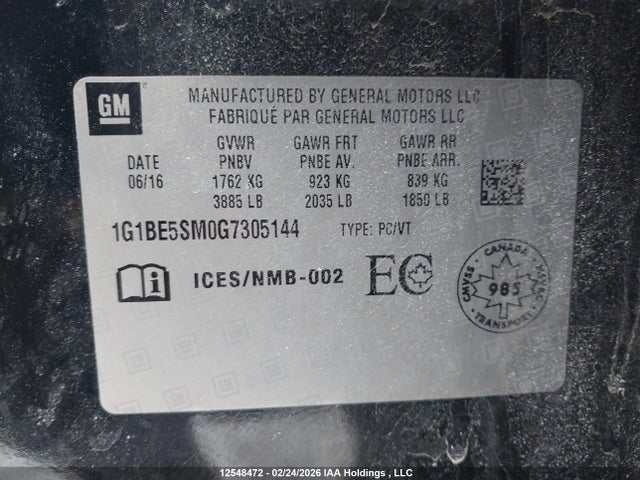1G1BE5SM0G7305144 Chevrolet Cruze Lt Auto