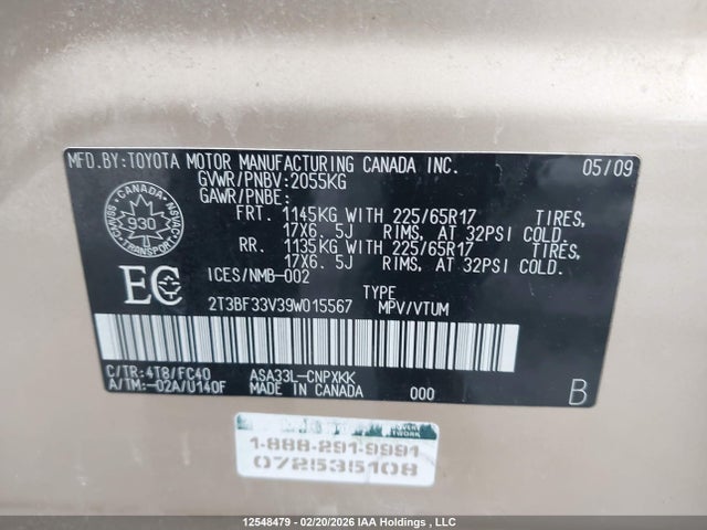 12548479 :رقم المزاد ، 2T3BF33V39W015567 vin ، 2009 Toyota Rav4 مزاد بيع