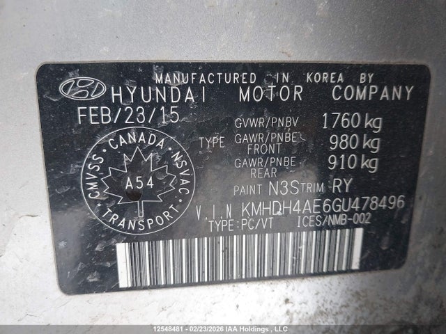 Продаж на аукціоні авто 2016 Hyundai Elantra, vin: KMHDH4AE6GU478496, номер лоту: 12548481