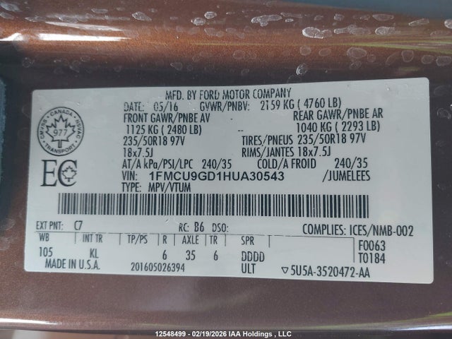1FMCU9GD1HUA30543 Ford ESCAPE SE