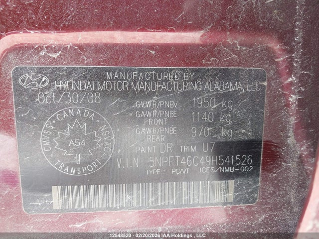 12548520 :رقم المزاد ، 5NPET46C49H541526 vin ، 2009 Hyundai Sonata Gl/gl Premium/gl Sport/limited مزاد بيع