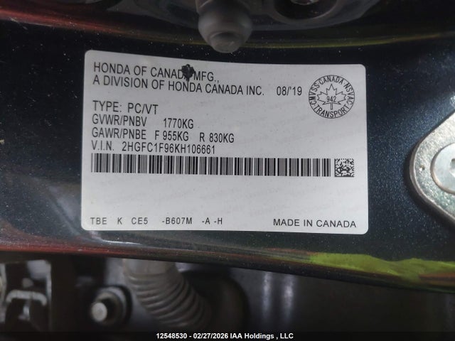 2019 Honda Civic Touring მანქანა იყიდება აუქციონზე, vin: 2HGFC1F96KH106661, აუქციონის ნომერი: 12548530