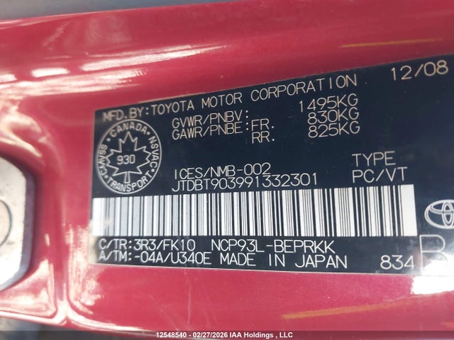 12548540 :رقم المزاد ، JTDBT903991332301 vin ، 2009 Toyota Yaris مزاد بيع
