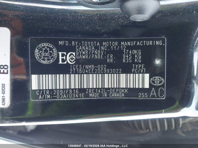 Aukcja sprzedaży 2013 Toyota Corolla Ce, vin: 2T1BU4EE2DC993022, numer aukcji: 12548547