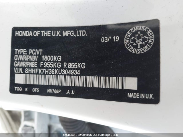 SHHFK7H36KU304934 Honda Civic Lx