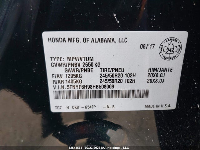 Honda Pilot Touring 2017 5FNYF6H98HB508009 Image 18