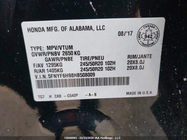 Honda Pilot Touring 2017 5FNYF6H98HB508009 Image 9