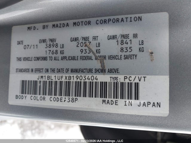 2011 Mazda Mazda3 Gx მანქანა იყიდება აუქციონზე, vin: JM1BL1UFXB1903404, აუქციონის ნომერი: 12548571