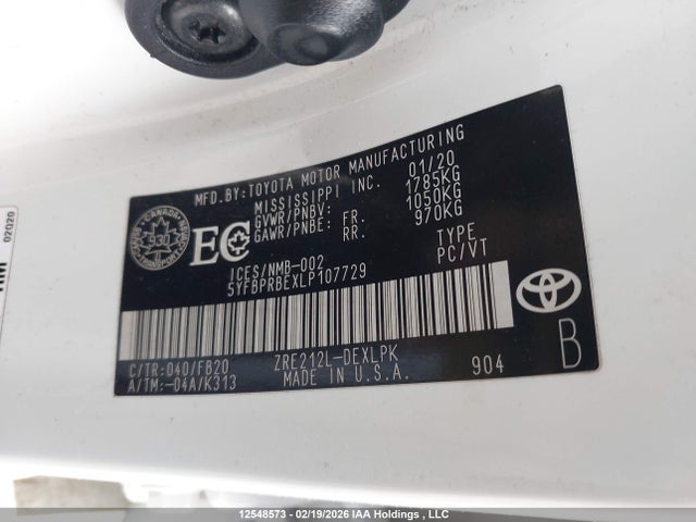 12548573 :رقم المزاد ، 5YFBPRBEXLP107729 vin ، 2020 Toyota Corolla مزاد بيع