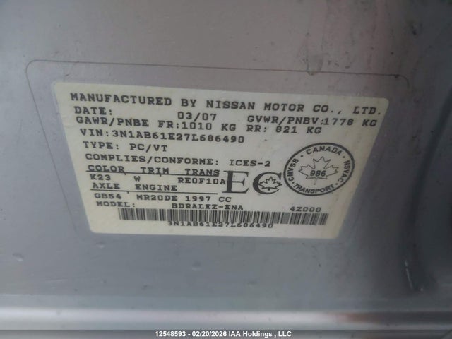 2007 Nissan Sentra 2.0s მანქანა იყიდება აუქციონზე, vin: 3N1AB61E27L686490, აუქციონის ნომერი: 12548593