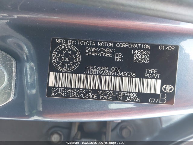 12548601 :رقم المزاد ، JTDBT923891342038 vin ، 2009 Toyota Yaris مزاد بيع