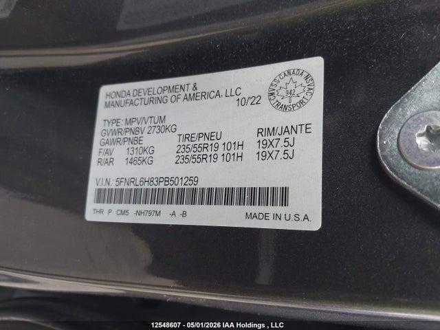 5FNRL6H83PB501259 Honda Odyssey Touring