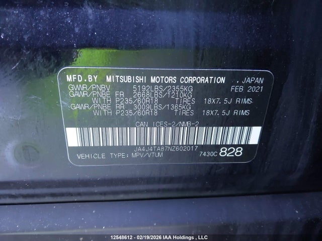 Продаж на аукціоні авто 2022 Mitsubishi Outlander Es, vin: JA4J4TA87NZ602017, номер лоту: 12548612