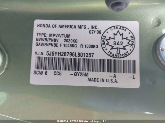 12548614 :رقم المزاد ، 5J6YH28796L801357 vin ، 2006 Honda Element مزاد بيع
