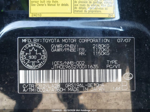 2007 Lexus Gs 350 350 მანქანა იყიდება აუქციონზე, vin: JTHCE96S270011635, აუქციონის ნომერი: 12548625