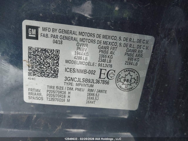 3GNCJLSB9JL367856 Chevrolet TRAX 1LT