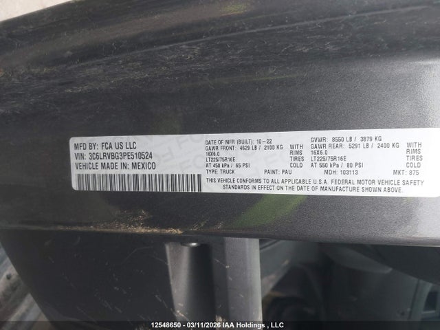 12548650 :رقم المزاد ، 3C6LRVBG3PE510524 vin ، 2023 Ram Promaster 1500 High Roof 136 Wb مزاد بيع