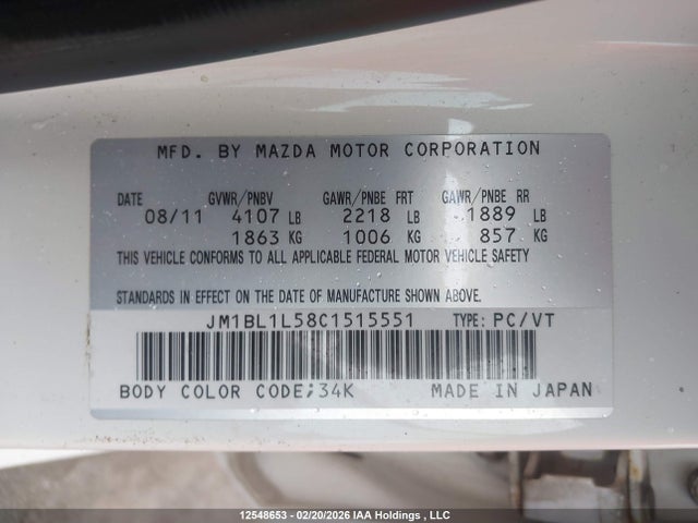 Aukcja sprzedaży 2012 Mazda Mazda3 Gs, vin: JM1BL1L58C1515551, numer aukcji: 12548653
