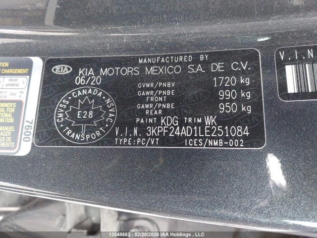 12548682 :رقم المزاد ، 3KPF24AD1LE251084 vin ، 2020 Kia Forte Fe/lxs مزاد بيع