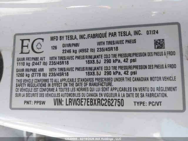 Aukcja sprzedaży 2024 Tesla Model 3 Long Range, vin: LRW3E7EBXRC262750, numer aukcji: 12548688