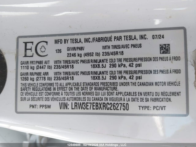 Aukcja sprzedaży 2024 Tesla Model 3 Long Range, vin: LRW3E7EBXRC262750, numer aukcji: 12548688