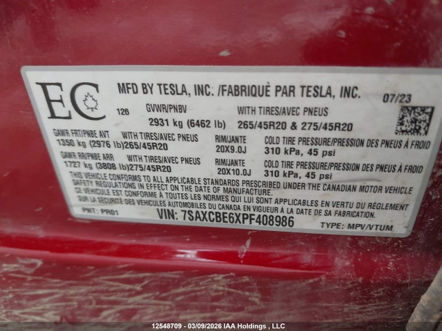 Продажа на аукционе авто 2023 Tesla Model X Plaid, vin: 7SAXCBE6XPF408986, номер лота: 12548709