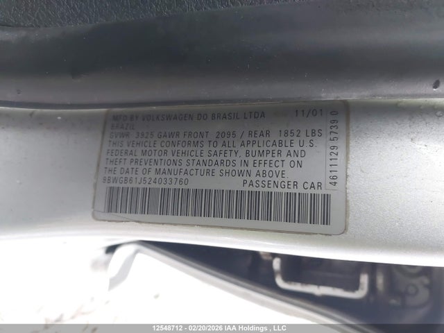 12548712 :رقم المزاد ، 9BWGB61J524033760 vin ، 2002 Volkswagen Golf Gls 2.0l مزاد بيع