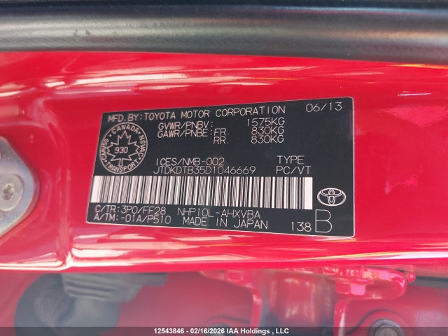 12543846 :رقم المزاد ، JTDKDTB35D1046669 vin ، 2013 Toyota Prius C مزاد بيع
