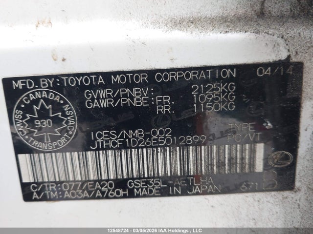 Auction sale of the 2014 Lexus Is 250, vin: JTHCF1D26E5012899, lot number: 12548724