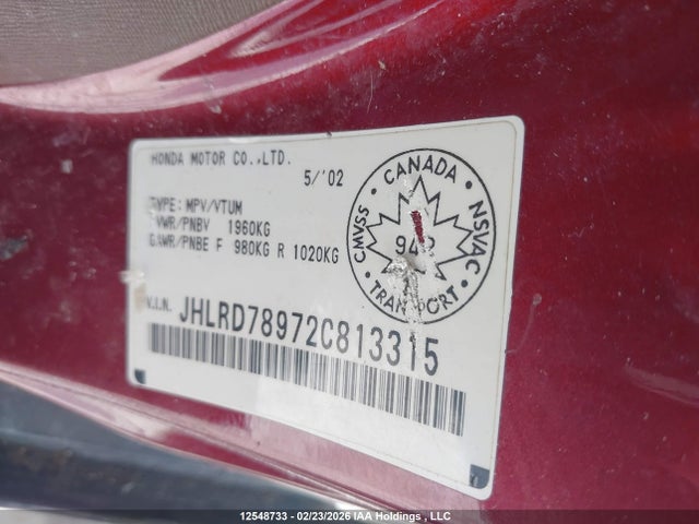 Aukcja sprzedaży 2002 Honda Cr-v Ex, vin: JHLRD78972C813315, numer aukcji: 12548733