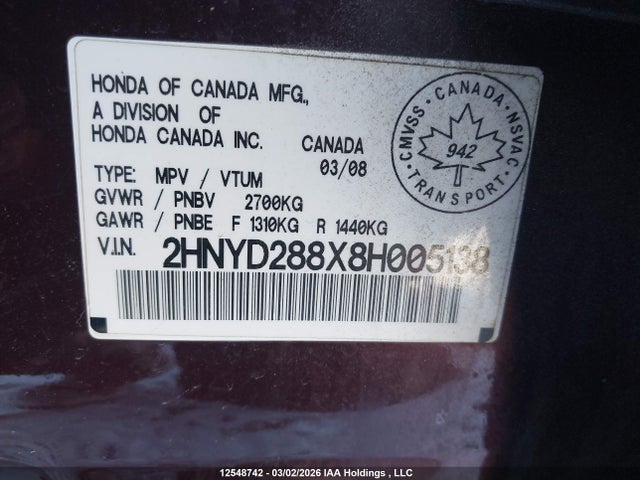 12548742 :رقم المزاد ، 2HNYD288X8H005138 vin ، 2008 Acura Mdx Sport مزاد بيع