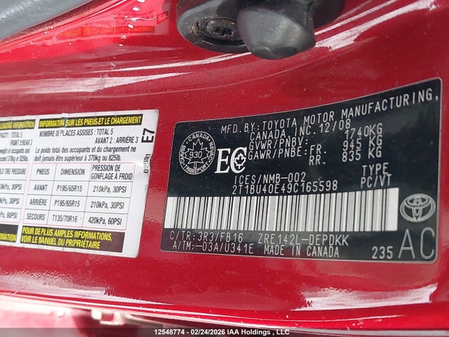 12548774 :رقم المزاد ، 2T1BU40E49C165598 vin ، 2009 Toyota Corolla S/le/xle مزاد بيع