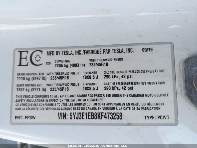12548778 :رقم المزاد ، 5YJ3E1EB8KF473258 vin ، 2019 Tesla Model 3 Long Range/performance مزاد بيع