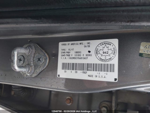 12548780 :رقم المزاد ، 1HGCM56376A810407 vin ، 2006 Honda Accord Se مزاد بيع