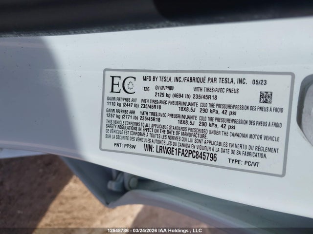 Продажа на аукционе авто 2023 Tesla Model 3 Rwd, vin: LRW3E1FA2PC845796, номер лота: 12548786