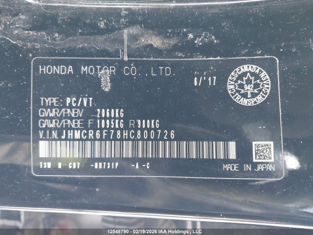 JHMCR6F78HC800726 Honda Accord Touring Hybrid