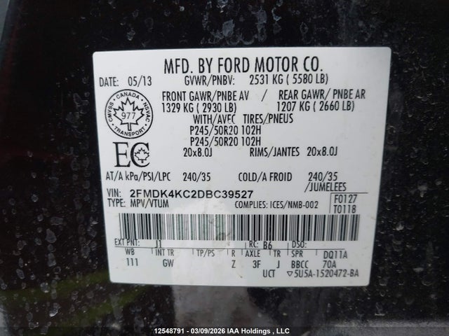 12548791 :رقم المزاد ، 2FMDK4KC2DBC39527 vin ، 2013 Ford Edge Limited مزاد بيع