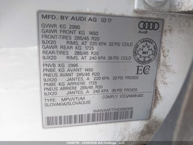 12548799 :رقم المزاد ، WA1VAAF77HD050356 vin ، 2017 Audi Q7 3.0t Technik مزاد بيع