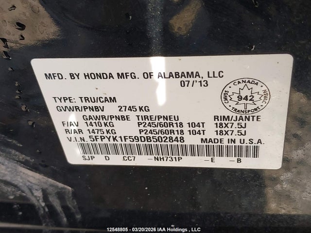 Продаж на аукціоні авто 2013 Honda Ridgeline Touring, vin: 5FPYK1F59DB502848, номер лоту: 12548805