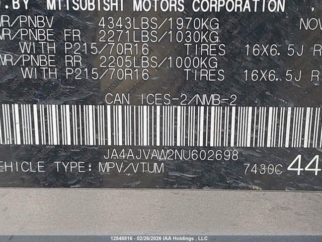 Продаж на аукціоні авто 2022 Mitsubishi Rvr Se/sel/le/gt, vin: JA4AJVAW2NU602698, номер лоту: 12548816