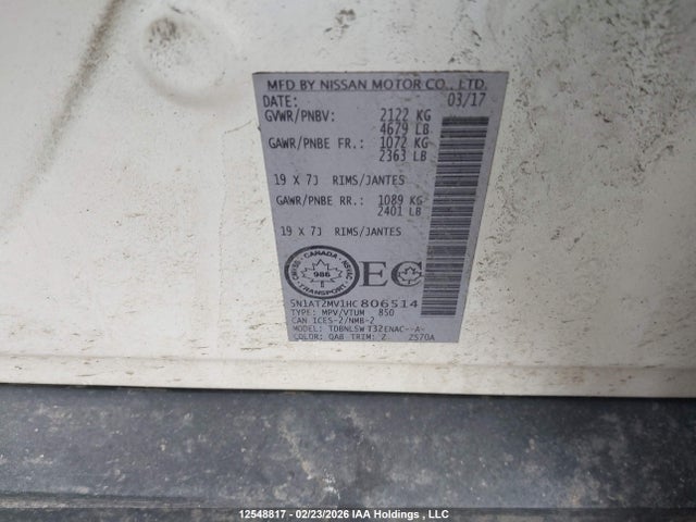 5N1AT2MV1HC806514 Nissan Rogue Sv/sl